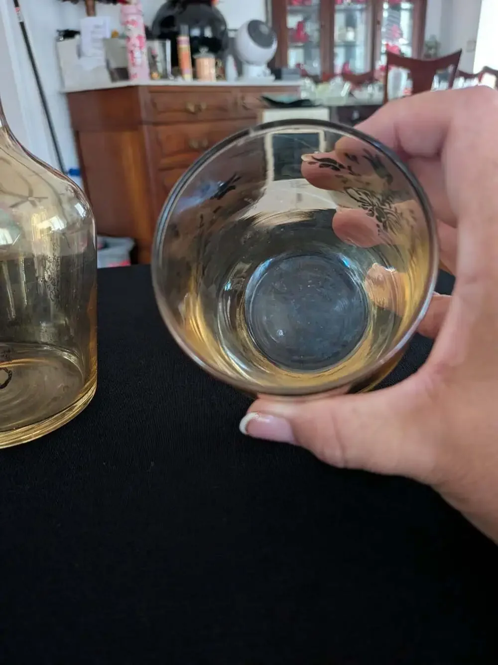 Vintage Amber Glass Water Carafe and Tumbler Set with Black Floral Design